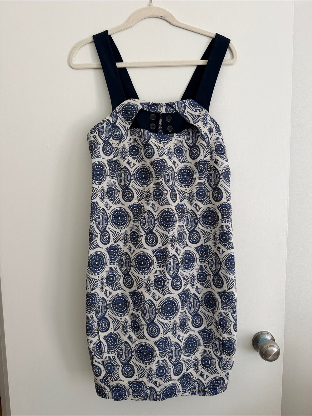 Navy and White Printed Mini Dress with Wide Straps